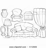 Coloring Room Table Living Couch Clipart Lamp Chair Outlined Curtains Vase Mirror Quiet House Illustration Doll Visekart Book Felt Royalty sketch template