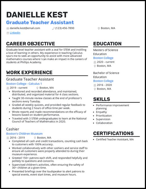 teacher assistant resume examples  worked