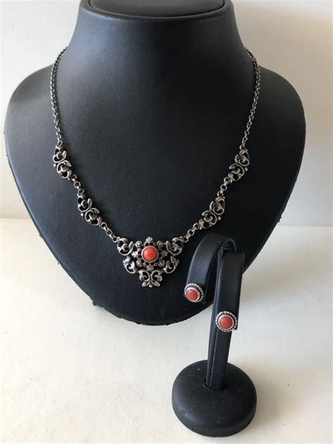 bloedkoraal  silver earrings necklace set catawiki