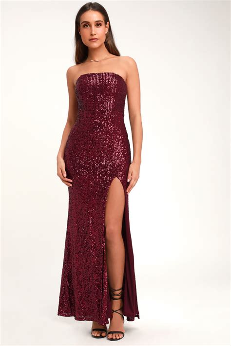 Lovely Wine Red Sequin Dress Strapless Maxi Dress Sexy Gown Lulus