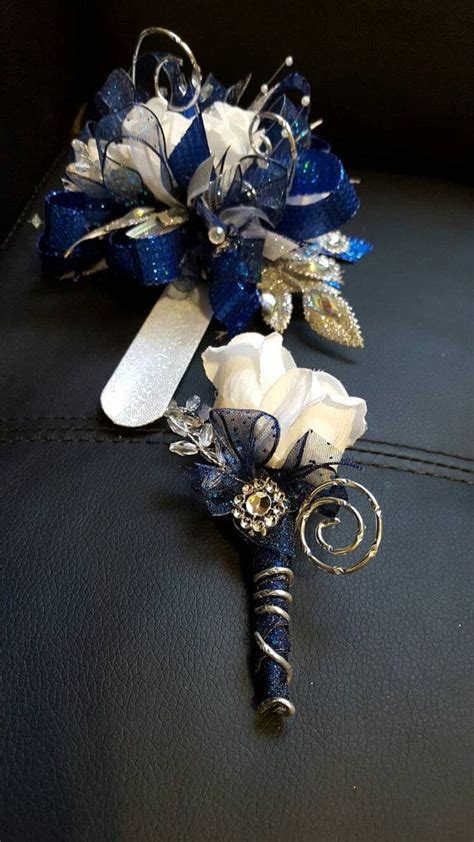 custom order prom royal blue  silver cobalt blue prom corsage set wrist corsage set silk prom