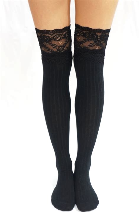 thigh lace knit knee high socks boot socks black