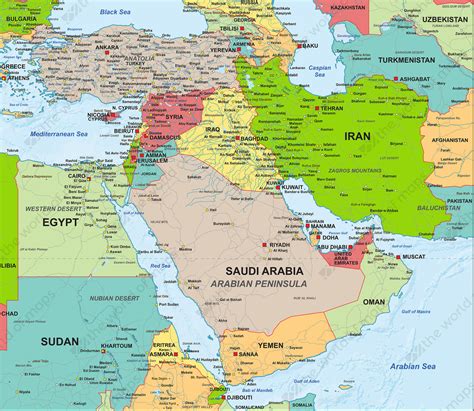 middle east map rivers  seas