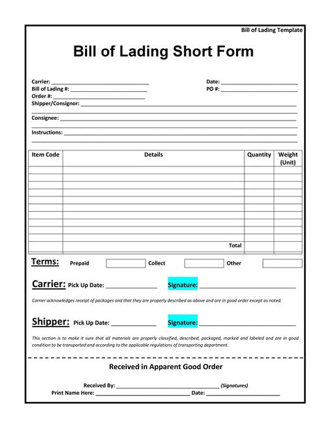 bill  lading template printable templates