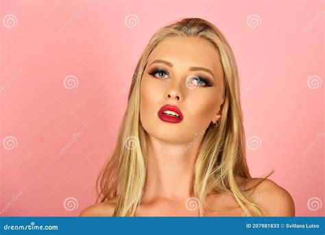 Beautiful Young Woman Close Up Portrait Closeup Sensual Red Lip Mouth