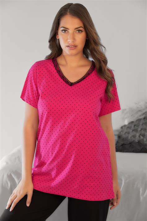 pink und schwarz gepunktetes pyjamaoberteil mit spitzen v