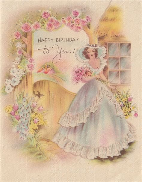 vintage greeting card girl lady southern belle birthday