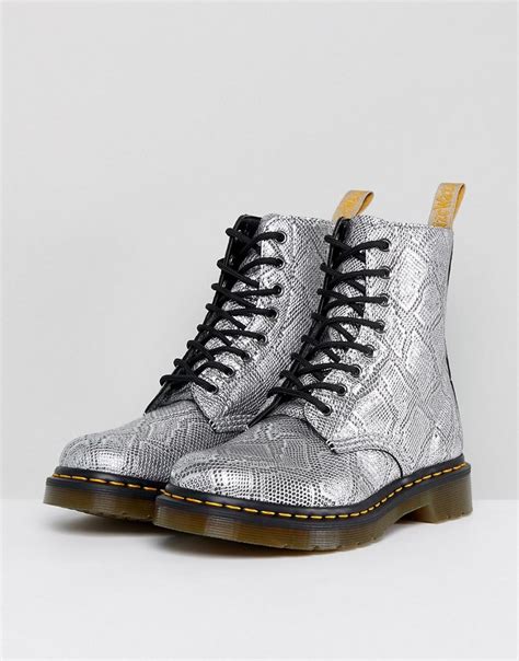 dr martens leather silver snake lace  boots  metallic lyst