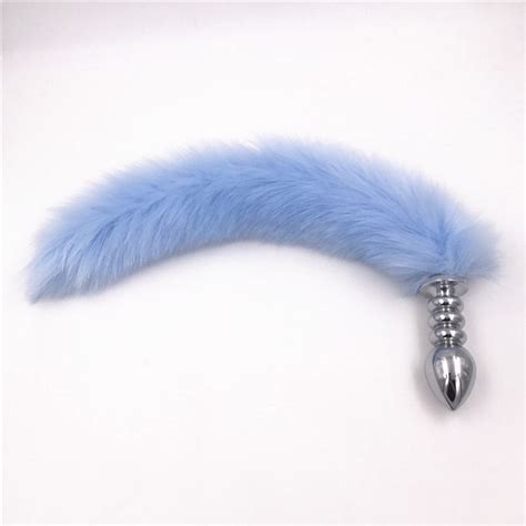 fox tail anal plug stainless steel butt stopper 3 size plush green tip