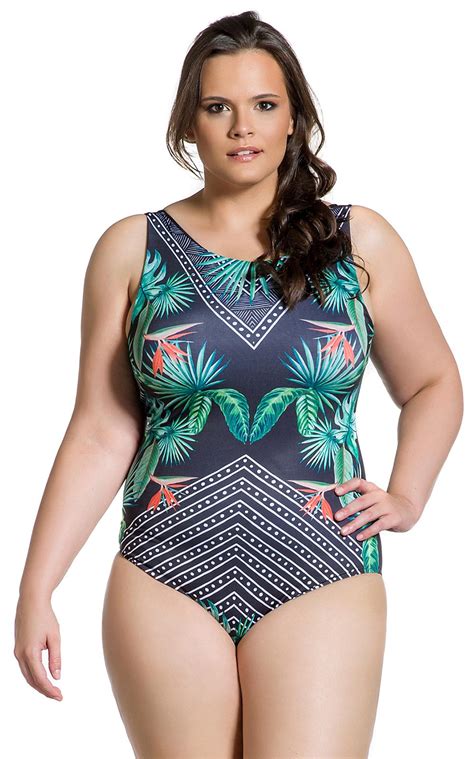 Plus Size One Piece Swimsuit In Geometric And Tropical Print Body