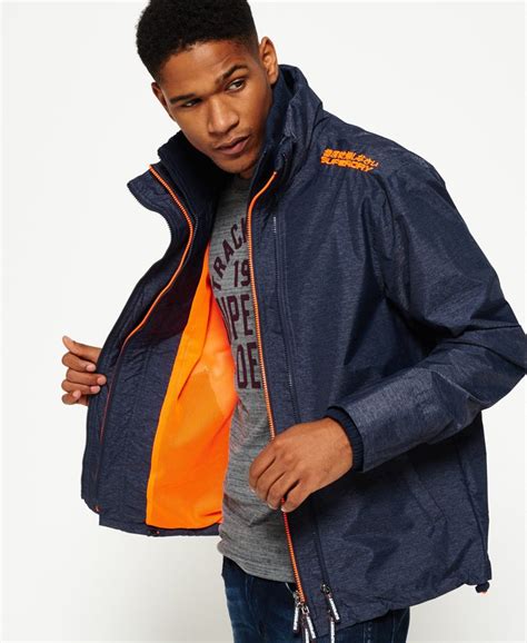 mens technical pop zip sd windcheater jacket  indigo marlemergency orange superdry uk
