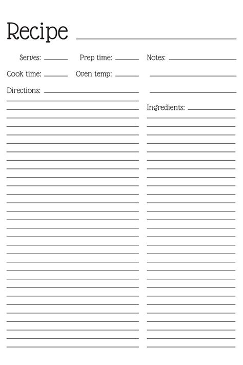 simple black  white printable recipe template printable etsy