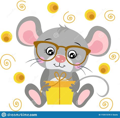 Cute Mouse With Glasses Sitting Holding A Yellow Small T Stock
