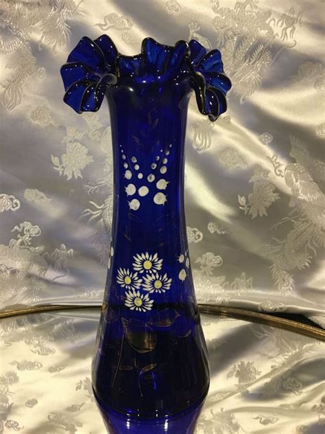 Vintage Cobalt Blue Blown Glass Double Crimped Hand Painted Floral Vase
