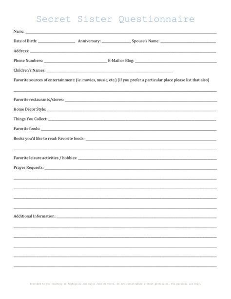 printable secret sister questionnaire form