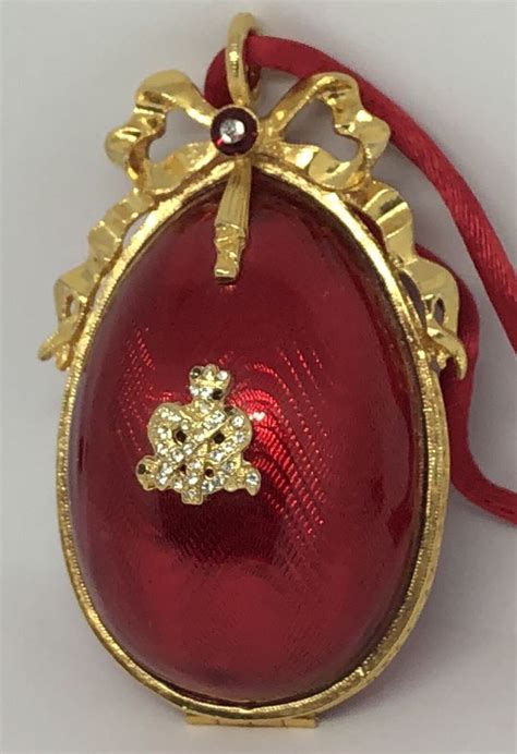 Vintage Red Enamel Signed Faberge Swarovski Crystal Egg