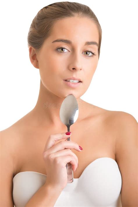 woman holding  spoon stock photo image  spoon diet