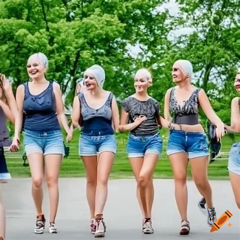 Group Of Confident College Women With Shaved Heads Walking On Campus On
