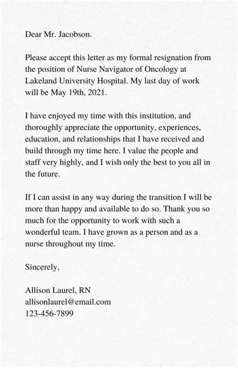 writing  nurse resignation letter   leave  grace