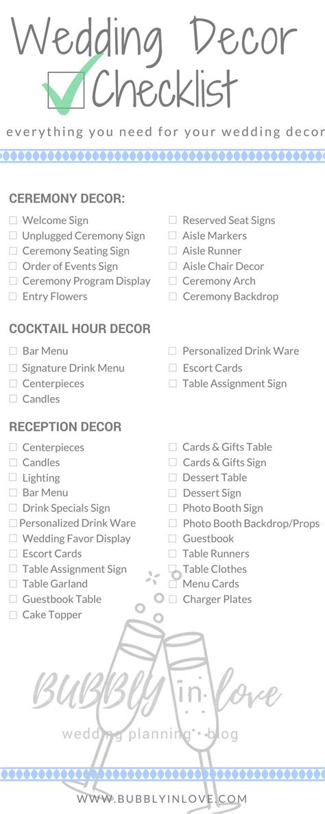wedding decor checklist     plan  wedding
