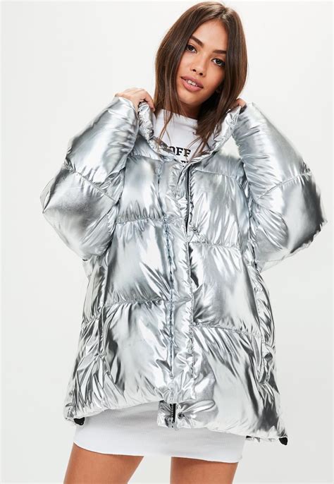 silver metallic padded jacket added  women clothing clothing fashion model fur clothing