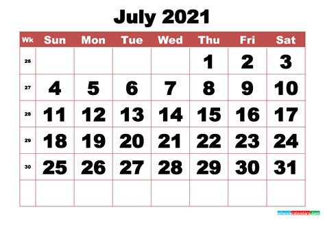 printable july  calendar  week numbers