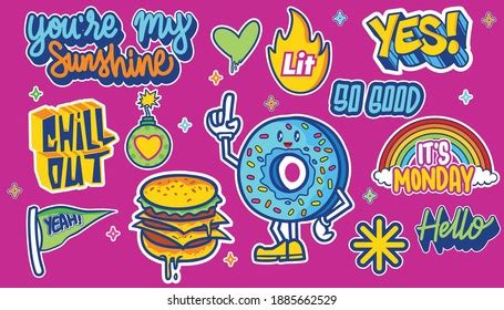 set cute fun sticker illustrations stock vector royalty