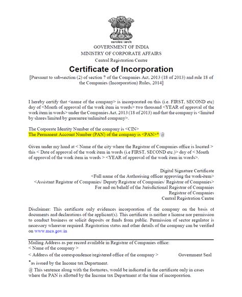 specimen  certificate  incorporation  company  india