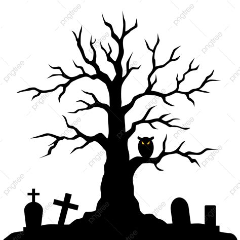 spooky tree vector art png spooky tree silhouette  owl  graves