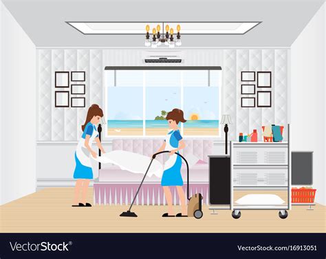 maid cleaning hotel room with housekeeping trolley