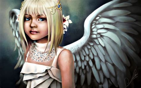 angel art wings blonde fantasy girl feather white eyes blue