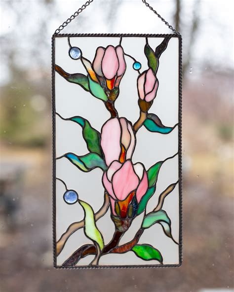 Magnolia Flower Stained Glass Panel Custom Stained Glass Etsy