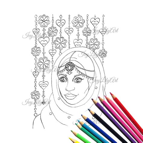 muslim girl  hijab adult coloring page  digital stamp etsy france