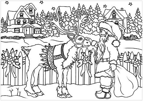 santa claus  deer christmas adult coloring pages