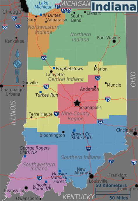 large detailed regions map  indiana state indiana state large