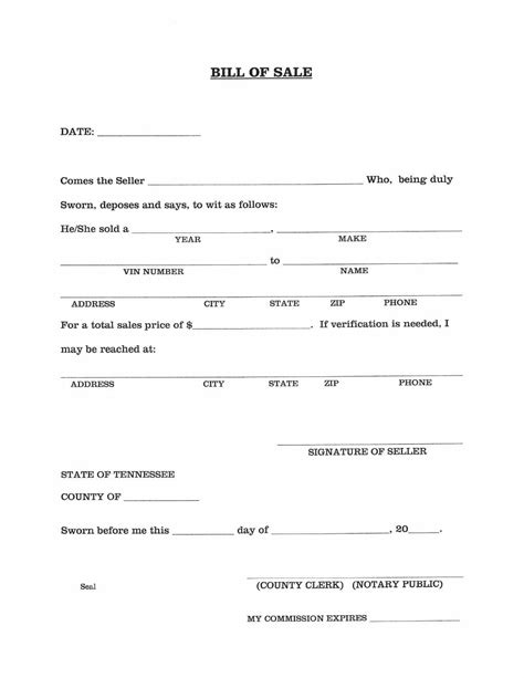 tennessee vehicle bill  sale form form