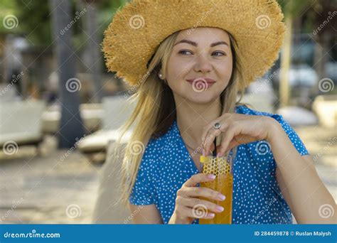 Fashion Young Woman Drinking Cocktail In Beach Bar Cheerful Attractive