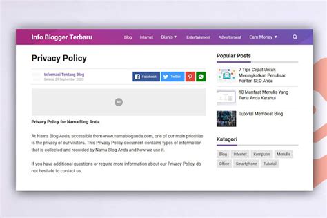 membuat halaman privacy policy  blogger tidak lebih