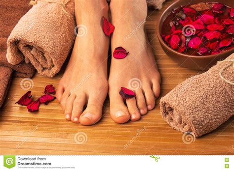 beautiful female feet spa salon pedicure procedure stock image