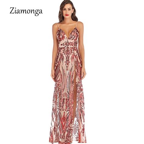 Ziamonga Sequin Maxi Dress Women Sex High Split Party Long Dress 2019