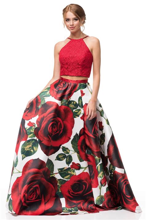 Red Two Piece Floral Prom Dress Bc An06 Floral Prom Dresses Prom