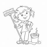 Mop Girl Cartoon Outline Coloring Bucket Housework Book sketch template