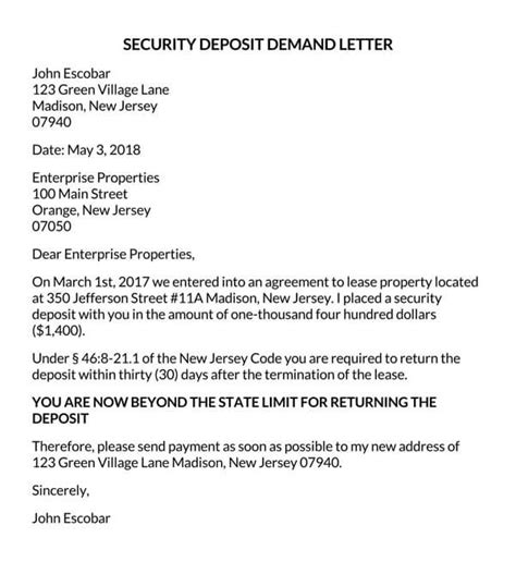 sample demand letter  return  security deposit florida