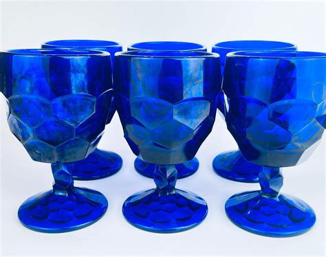 Vintage Cobalt Blue Glass Goblet Wine Glasses Set Of Six 6 Etsy