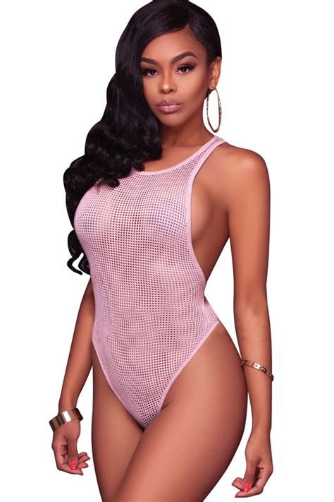Pink Hollow Out Sleeveless Sheer Mesh Sexy Bodysuit
