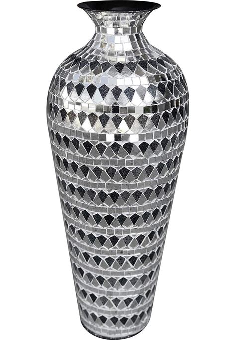 Large Metal Floor Vase With Glass Mosaic In Silver And Black
