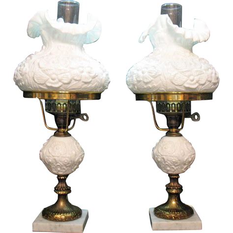 Two Vintage Fenton Milk Glass Electric Lamps Poppy