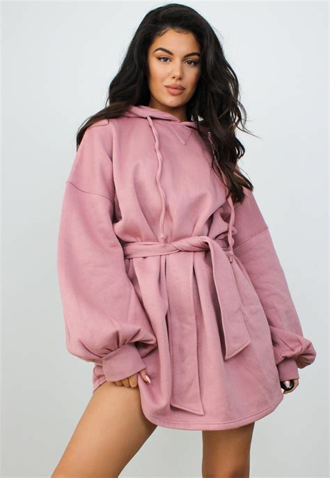 pink oversized brushed back belted hoodie sweater dress missguided