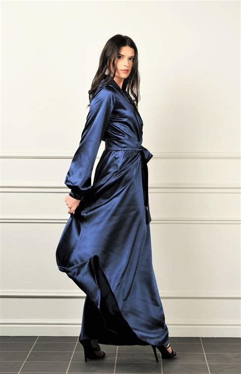 Navy Blue Satin Maxi Dress Wrap Neckline Dress Long Cuff Sleeves