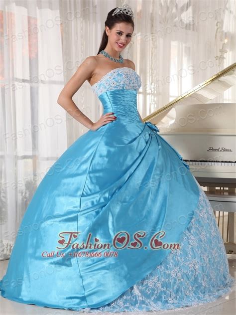Sweet Aqua Blue Quinceanera Dress Strapless Taffeta Lace Ball Gown